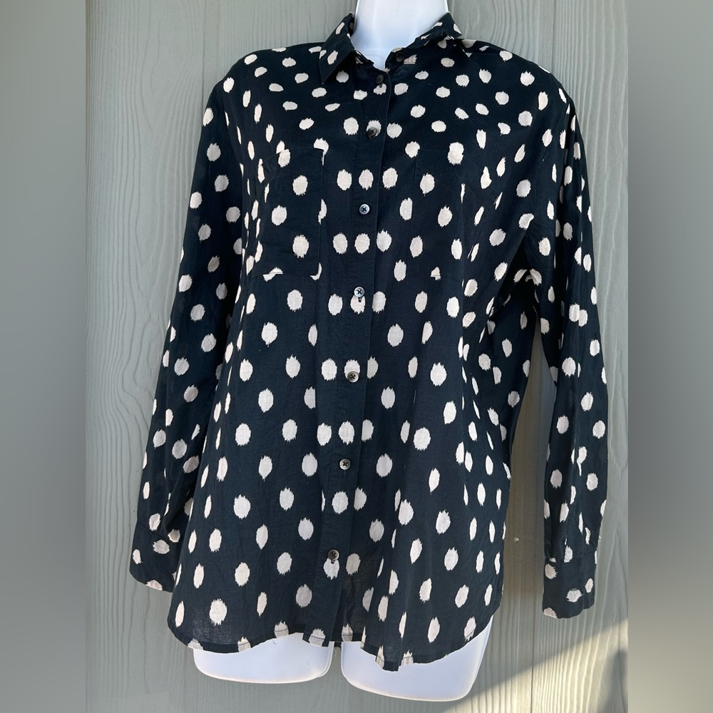 131*.MADEWELL 1937 Women's 
Navy & White Polka-Dot Button-Up Long Sleeve Shirt